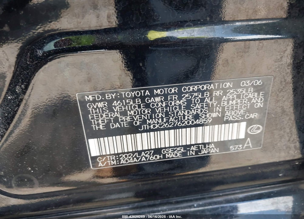 2006 LEXUS IS250 VIN: JTHCK262762004859