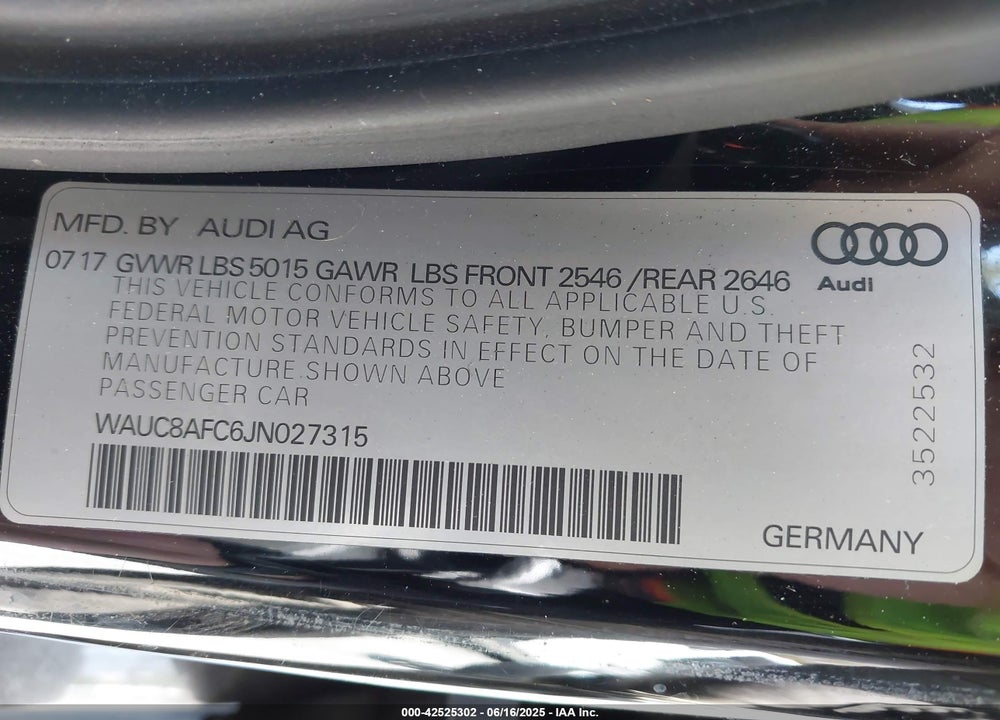 2018 AUDI A6 VIN: WAUC8AFC6JN027315