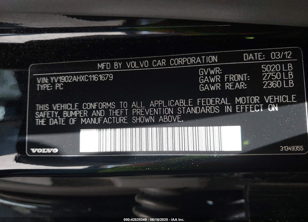 2012 VOLVO S80 VIN: YV1902AHXC1161679