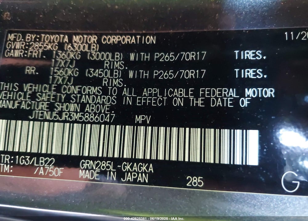 2021 TOYOTA 4RUNNER VIN: JTENU5JR3M5886047