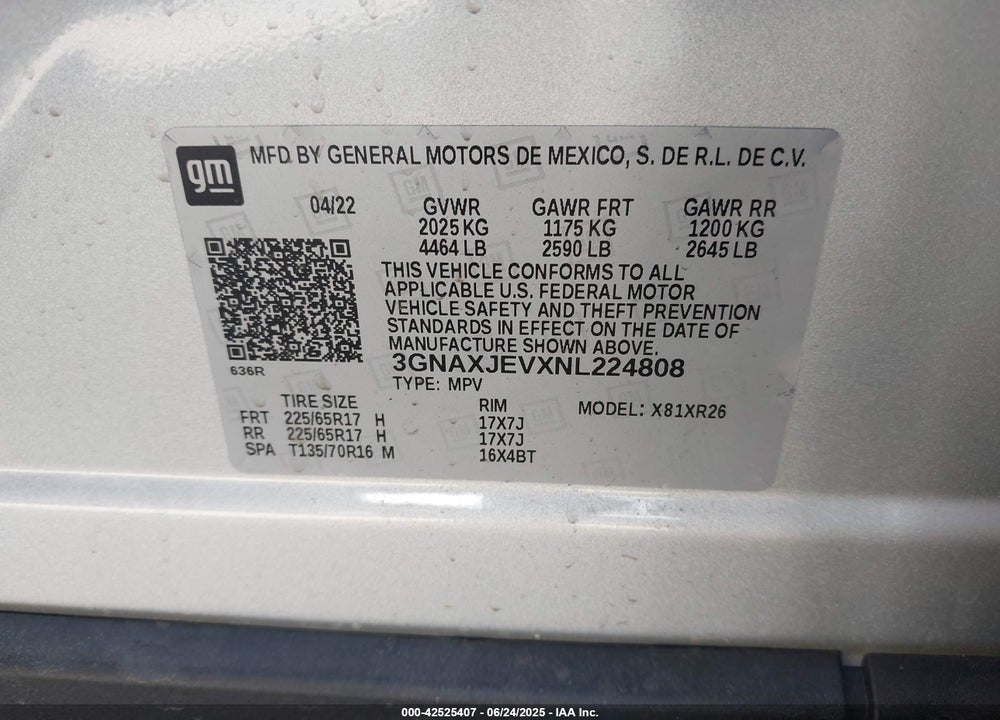 2022 CHEVROLET EQUINOX VIN: 3GNAXJEVXNL224808