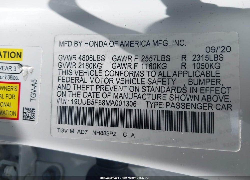 2021 ACURA TLX VIN: 19UUB5F68MA001306