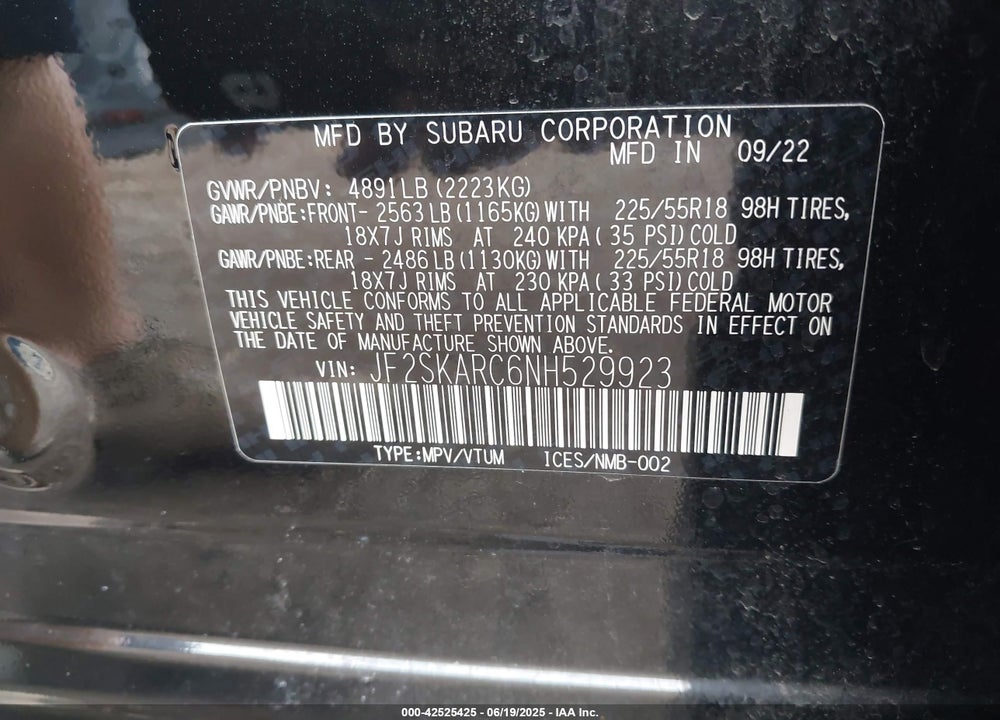 2022 SUBARU FORESTER VIN: JF2SKARC6NH529923
