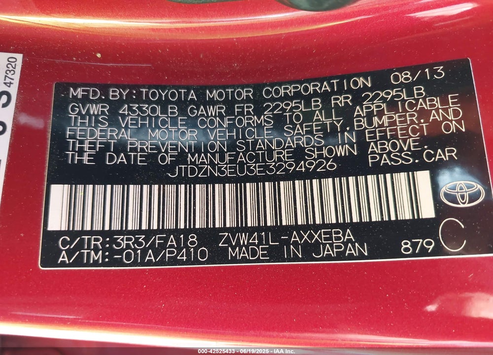 2014 TOYOTA PRIUS V TWO VIN: JTDZN3EU3E3294926