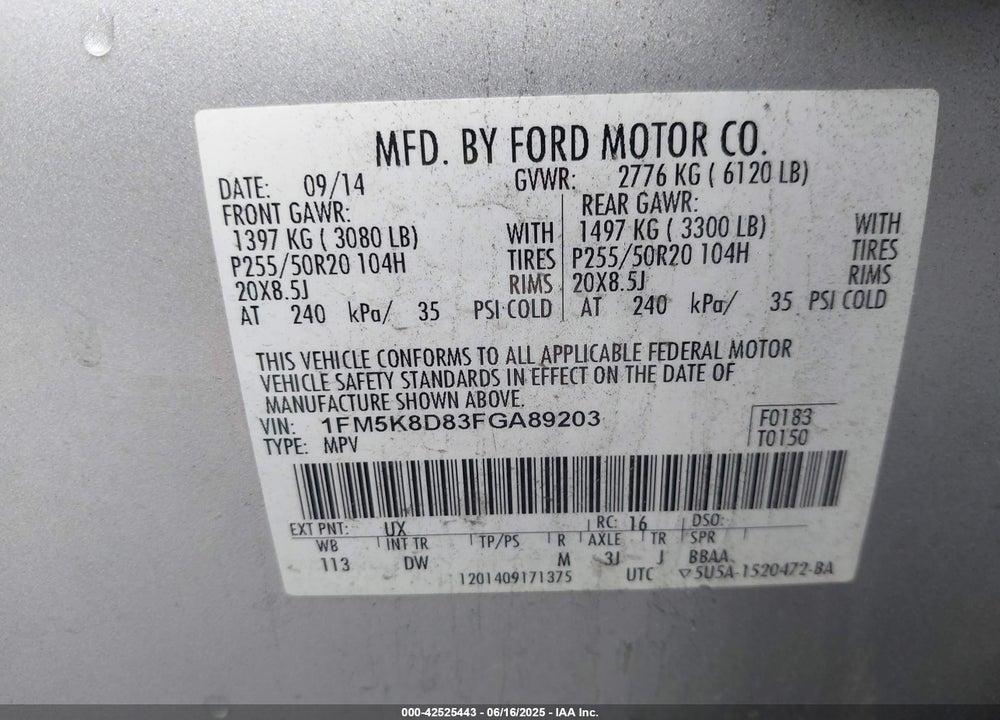 2015 FORD EXPLORER XLT VIN: 1FM5K8D83FGA89203