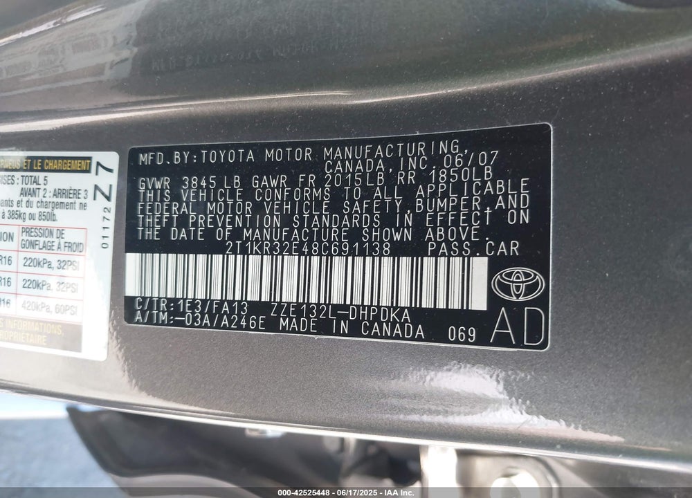 2008 TOYOTA MATRIX VIN: 2T1KR32E48C691138