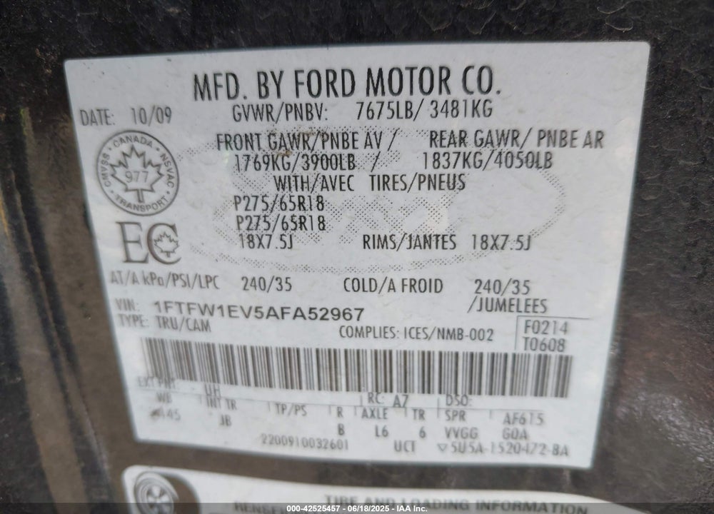 2010 FORD F-150 FX4/HARLEY-DAVIDSON/KING RANCH/LARIAT/PLATINUM/XL/XLT VIN: 1FTFW1EV5AFA52967