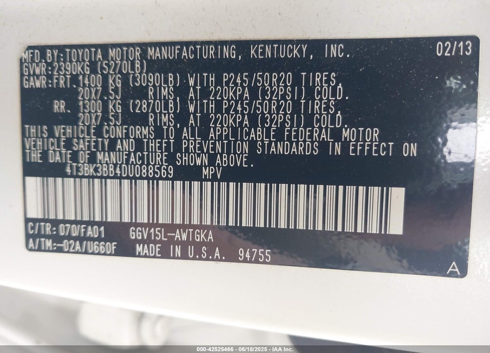 2013 TOYOTA VENZA VIN: 4T3BK3BB4DU088569