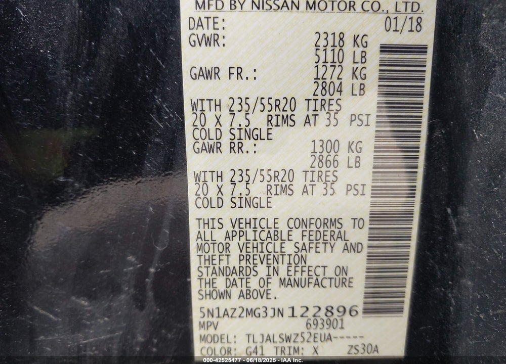2018 NISSAN MURANO VIN: 5N1AZ2MG3JN122896