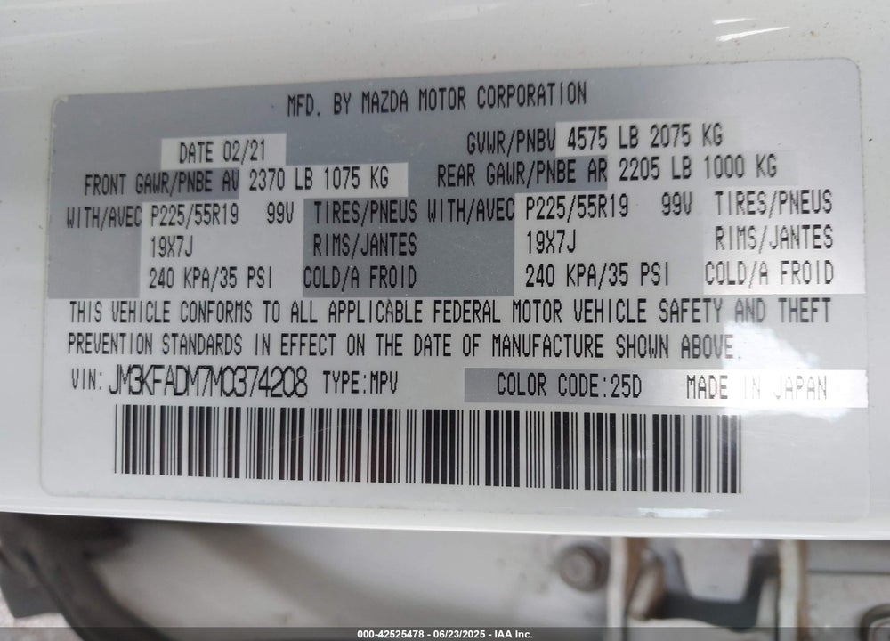 2021 MAZDA CX-5 GRAND TOURING VIN: JM3KFADM7M0374208