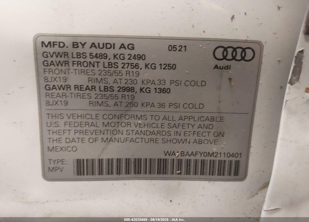 2021 AUDI Q5 VIN: WA1BAAFY0M2110401