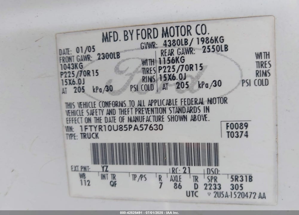 2005 FORD RANGER EDGE/STX/XL/XLS/XLT VIN: 1FTYR10U85PA57630