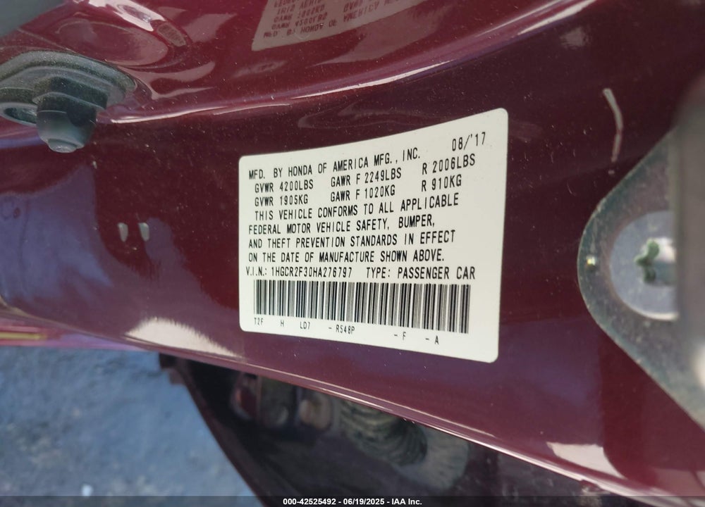2017 HONDA ACCORD VIN: 1HGCR2F30HA276797