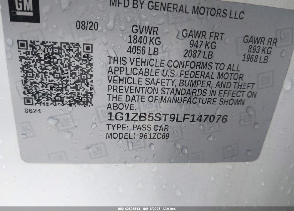 2020 CHEVROLET MALIBU VIN: 1G1ZB5ST9LF147076