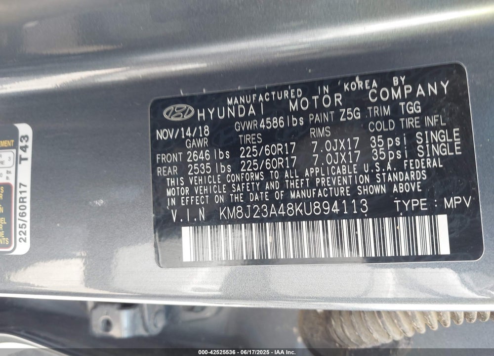 2019 HYUNDAI TUCSON VIN: KM8J23A48KU894113