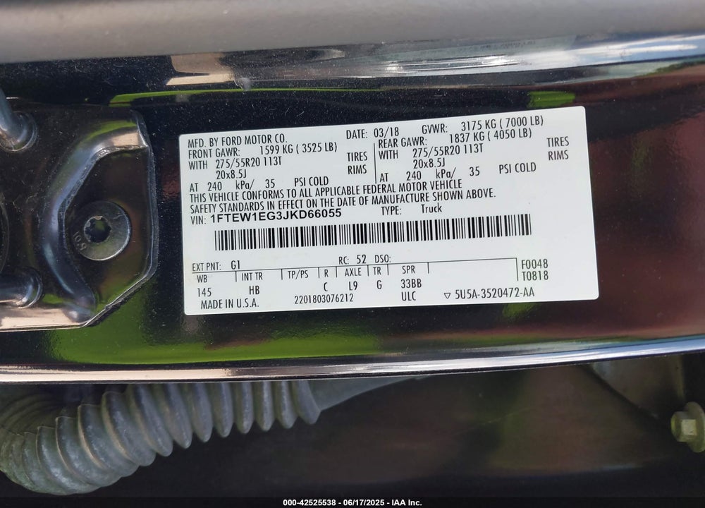 2018 FORD F-150 VIN: 1FTEW1EG3JKD66055