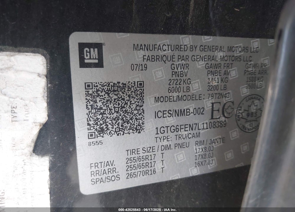 2020 GMC CANYON VIN: 1GTG6FEN7L1108389