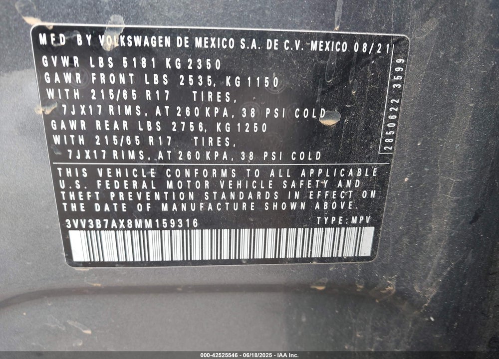 2021 VOLKSWAGEN TIGUAN VIN: 3VV3B7AX8MM159316