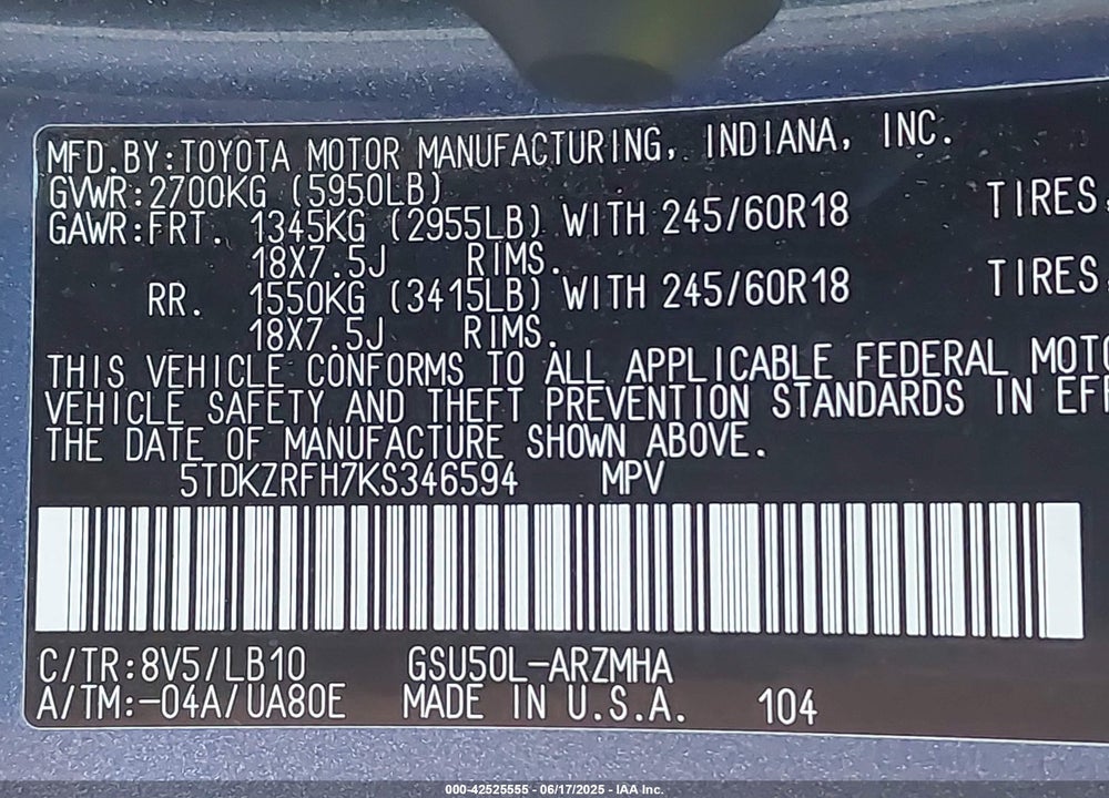 2019 TOYOTA HIGHLANDER VIN: 5TDKZRFH7KS346594
