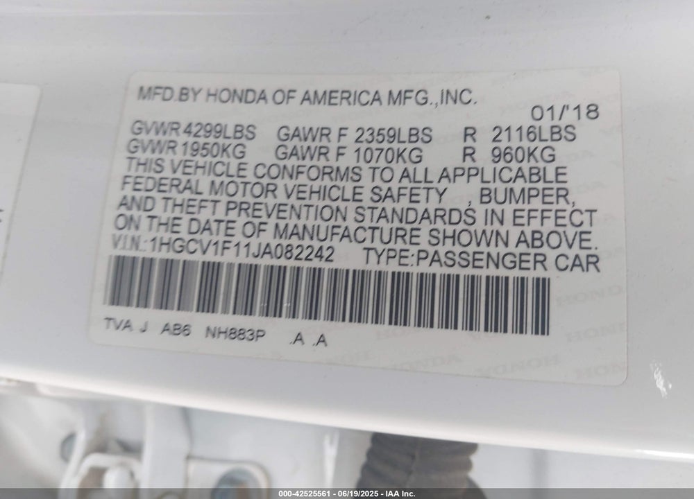 2018 HONDA ACCORD LX VIN: 1HGCV1F11JA082242