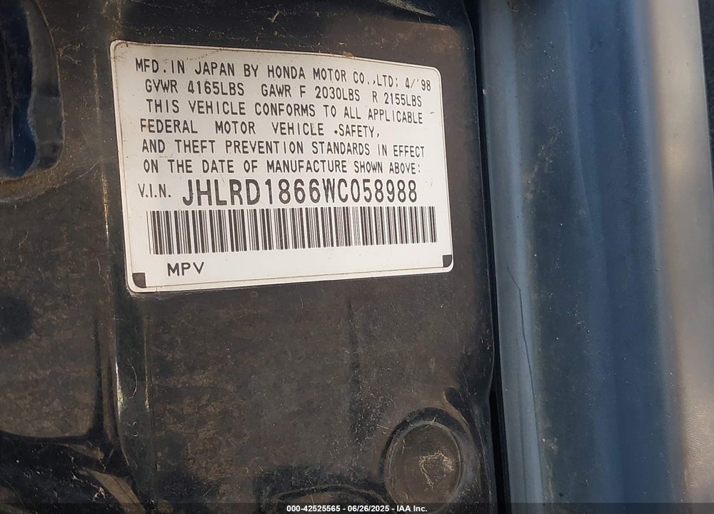 1998 HONDA CR-V EX VIN: JHLRD1866WC058988
