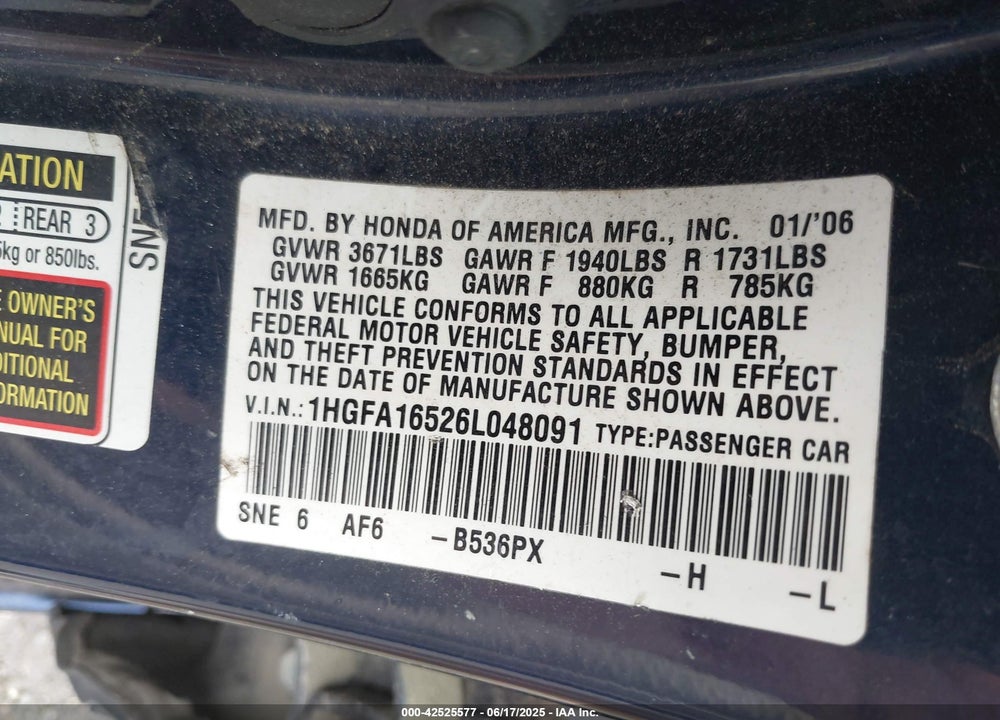 2006 HONDA CIVIC VIN: 1HGFA16526L048091