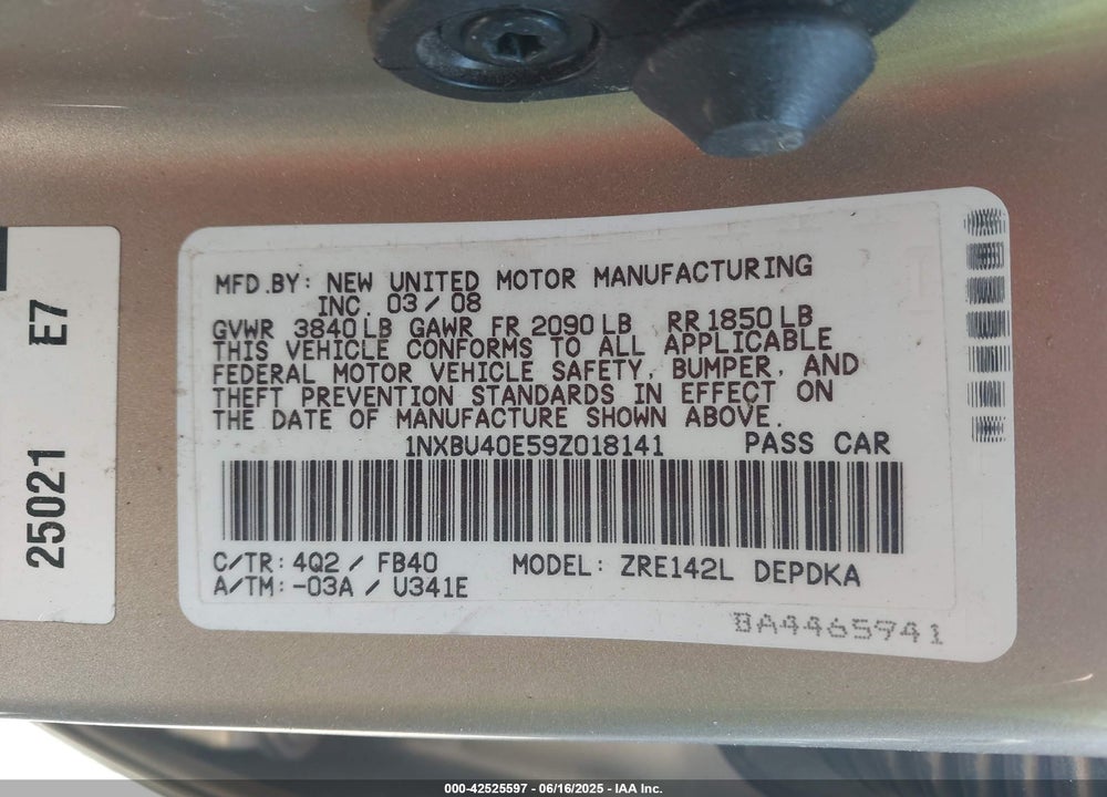 2009 TOYOTA COROLLA VIN: 1NXBU40E59Z018141