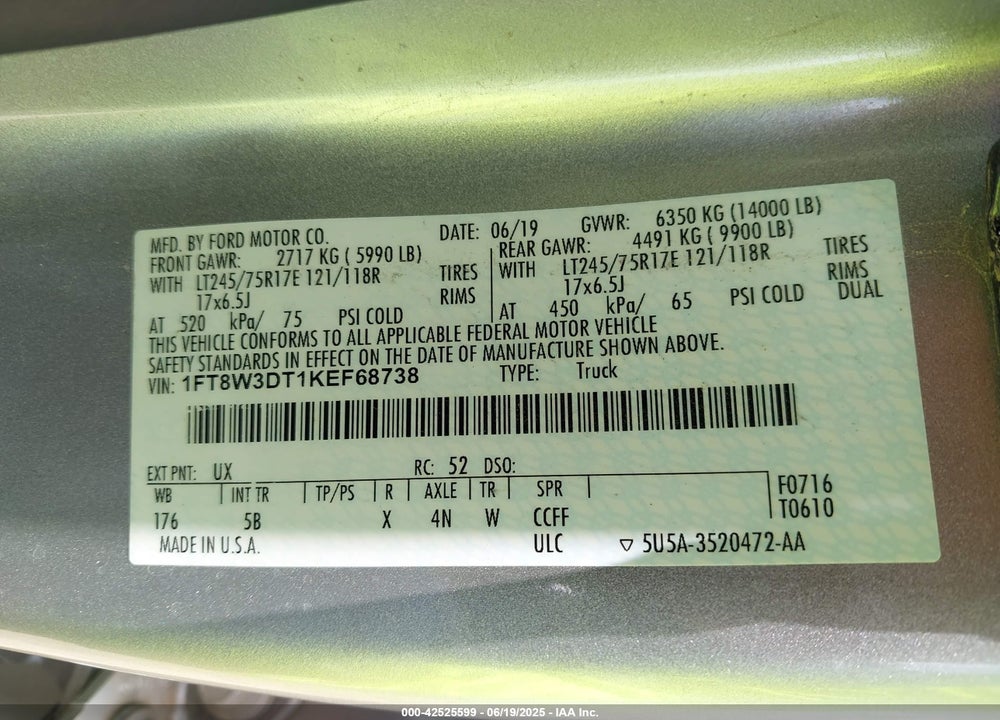 2019 FORD F-350 LARIAT VIN: 1FT8W3DT1KEF68738
