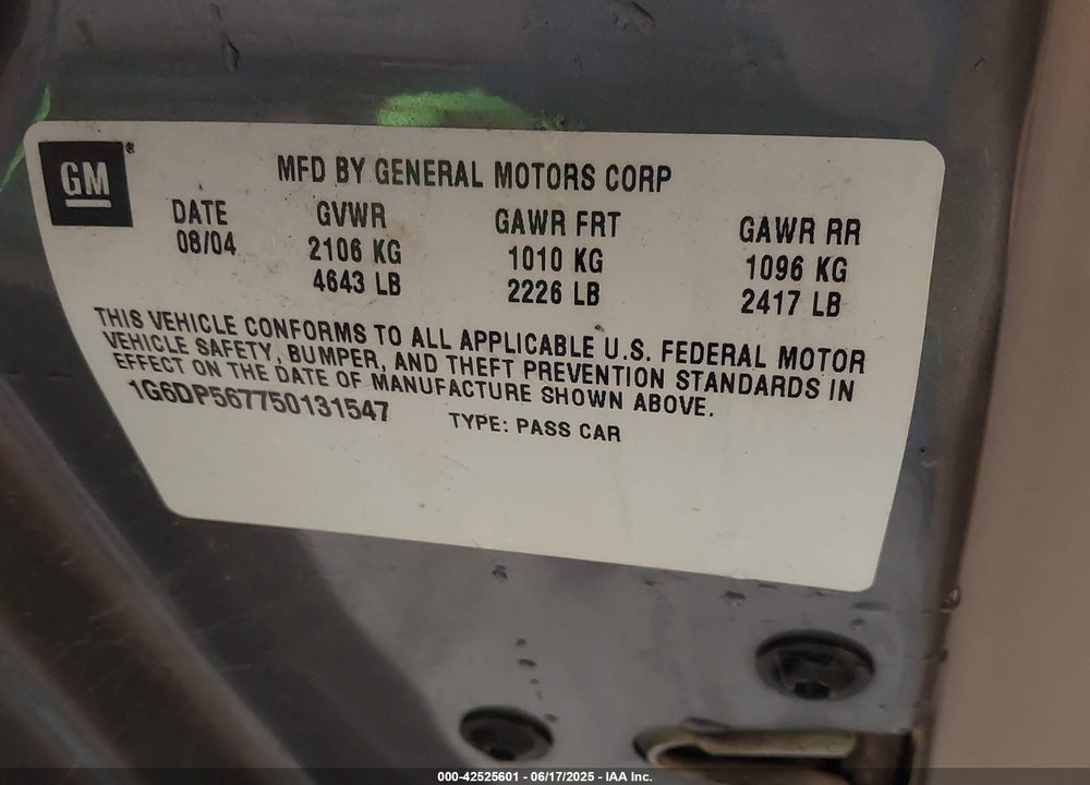 2005 CADILLAC CTS STANDARD VIN: 1G6DP567750131547