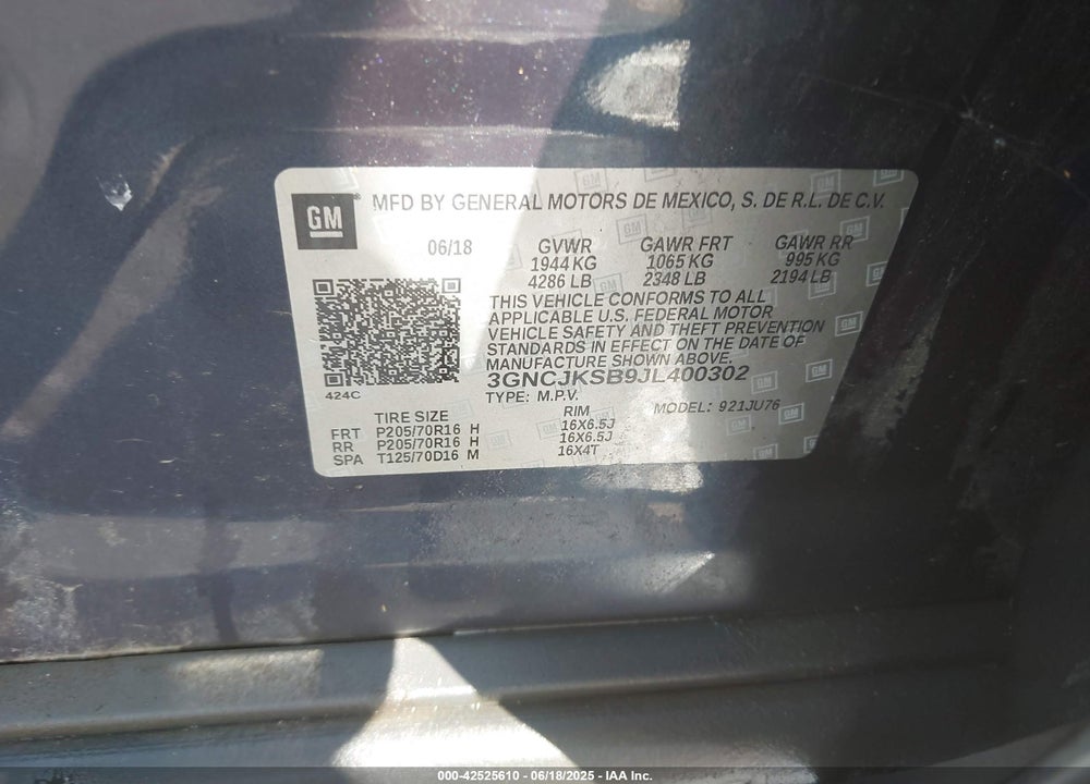 2018 CHEVROLET TRAX LS VIN: 3GNCJKSB9JL400302