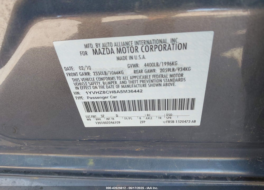 2010 MAZDA 6 VIN: 1YVHZ8CH8A5M36442