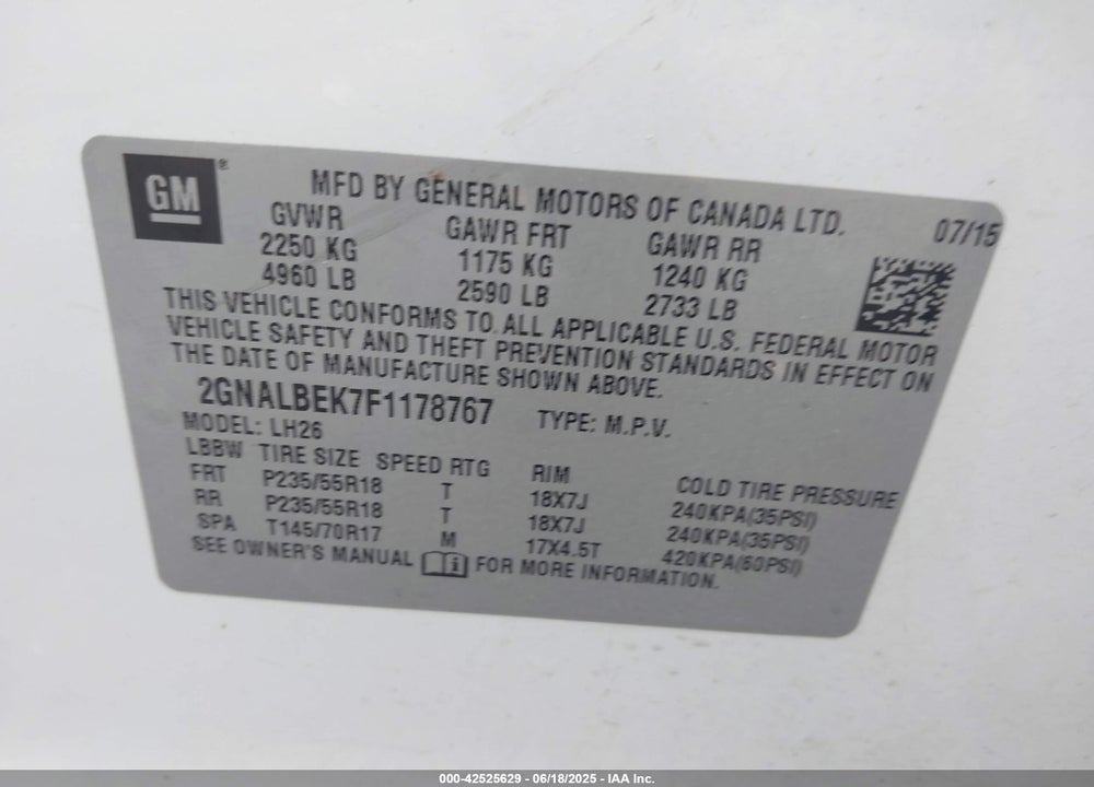 2015 CHEVROLET EQUINOX VIN: 2GNALBEK7F1178767