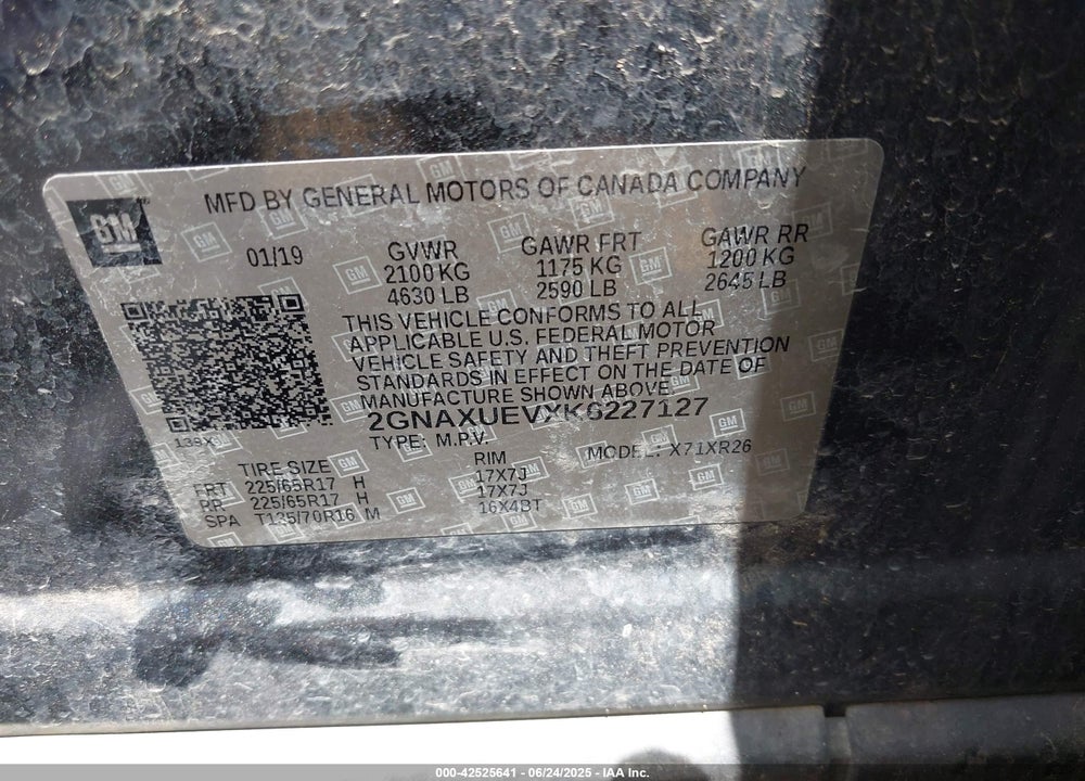 2019 CHEVROLET EQUINOX VIN: 2GNAXUEVXK6227127