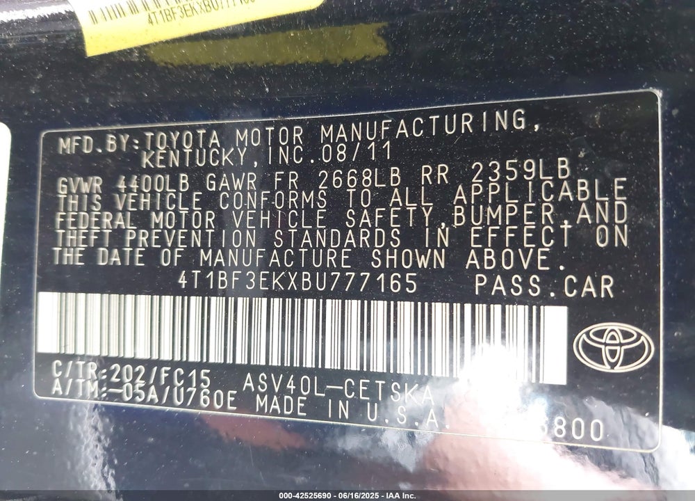 2011 TOYOTA CAMRY VIN: 4T1BF3EKXBU777165