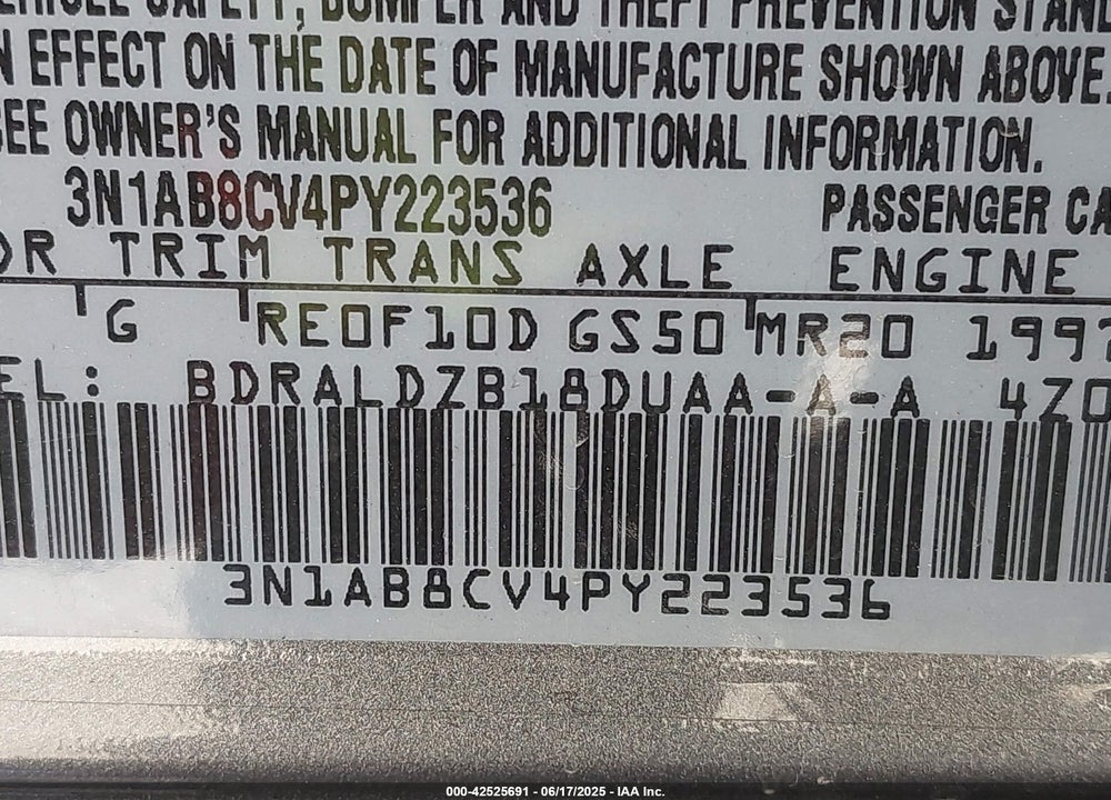2023 NISSAN SENTRA VIN: 3N1AB8CV4PY223536