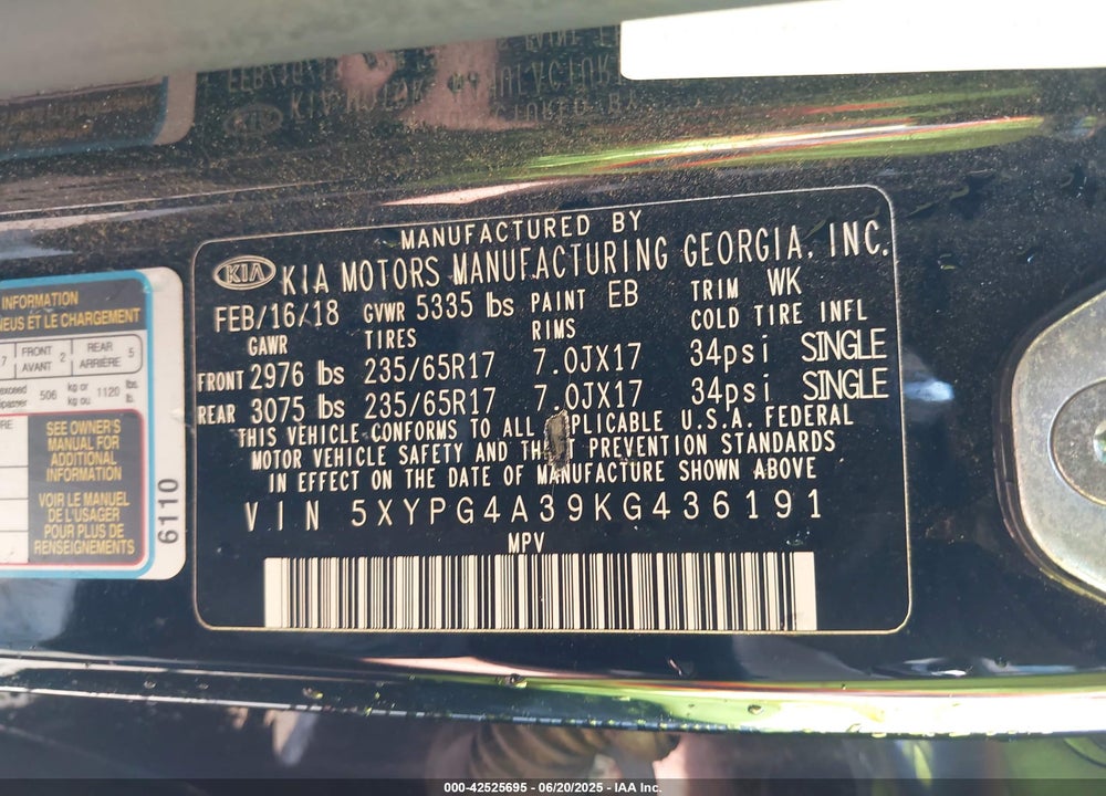 2019 KIA SORENTO VIN: 5XYPG4A39KG436191