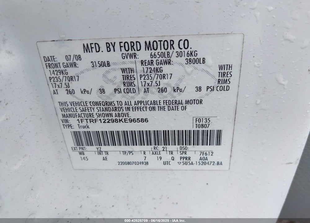 2008 FORD F-150 VIN: 1FTRF12298KE96586