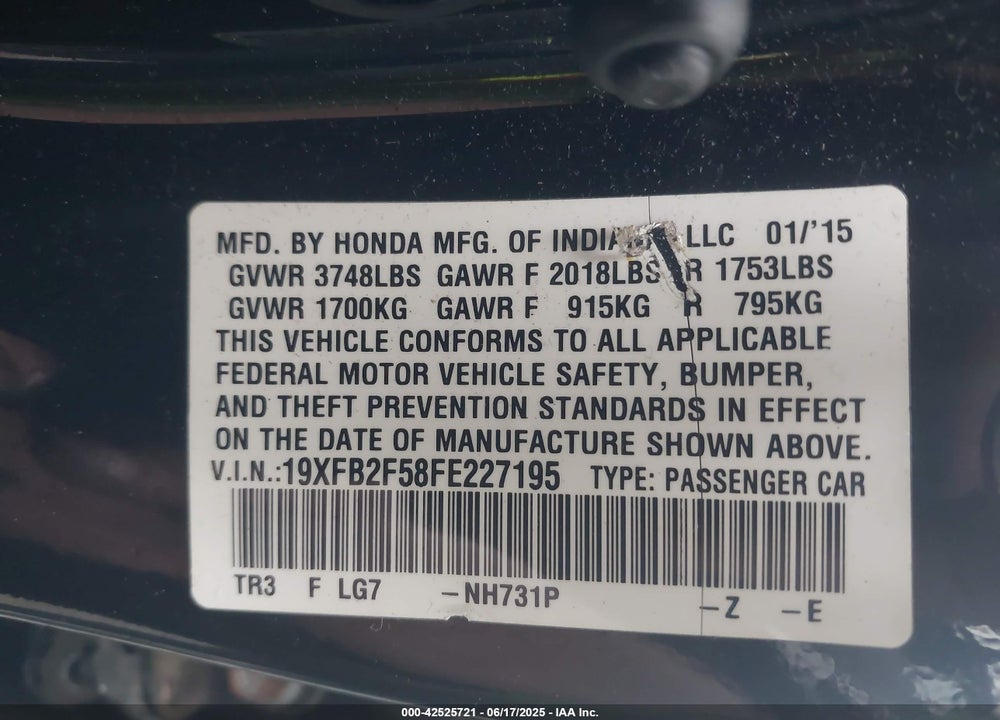 2015 HONDA CIVIC LX VIN: 19XFB2F58FE227195