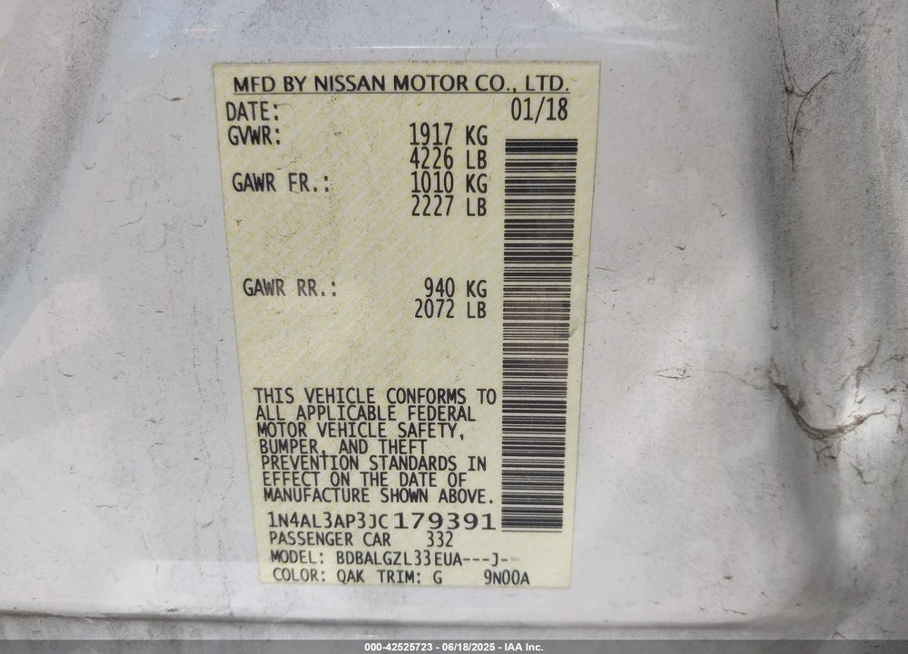 2018 NISSAN ALTIMA VIN: 1N4AL3AP3JC179391