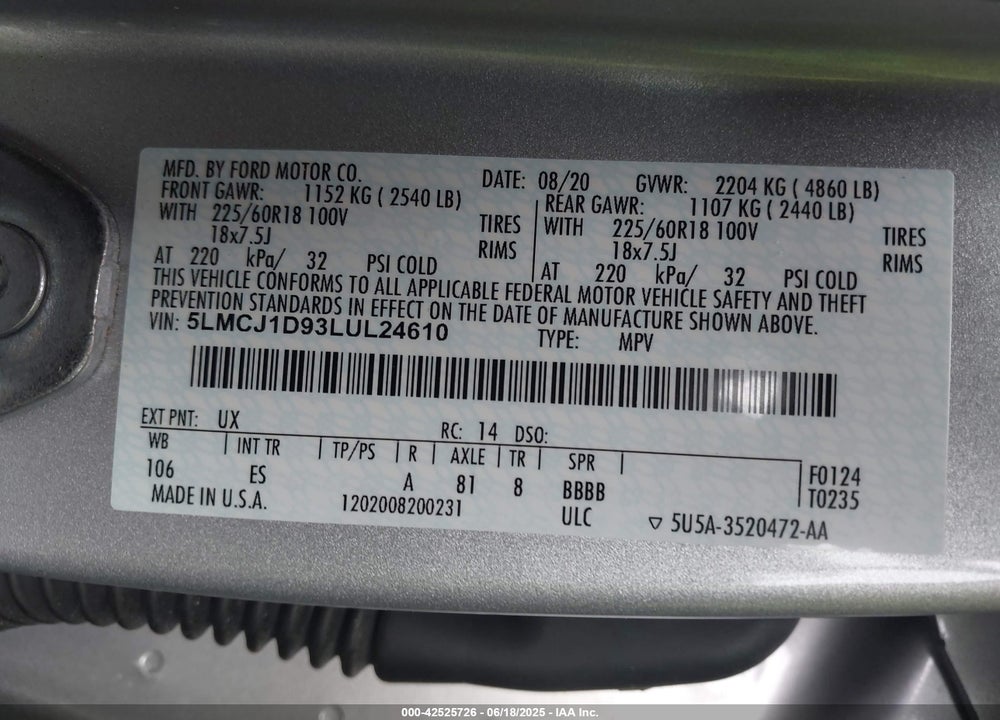 2020 LINCOLN CORSAIR VIN: 5LMCJ1D93LUL24610