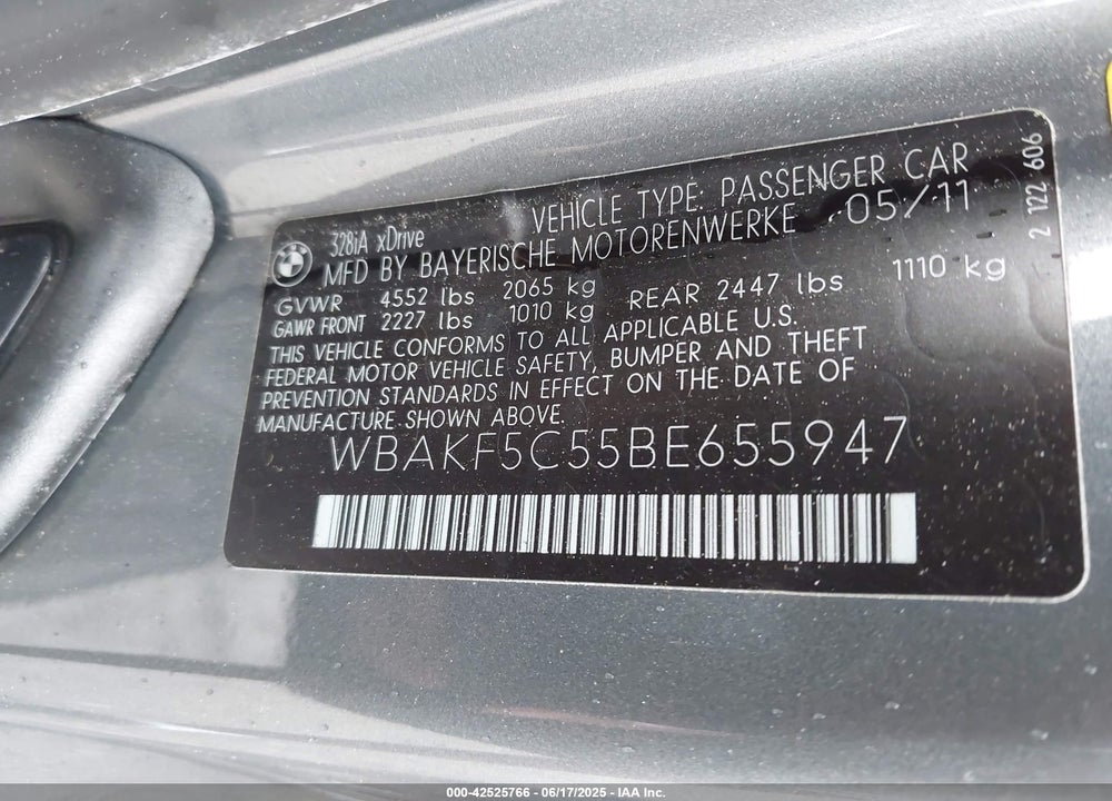 2011 BMW 3 SERIES VIN: WBAKF5C55BE655947
