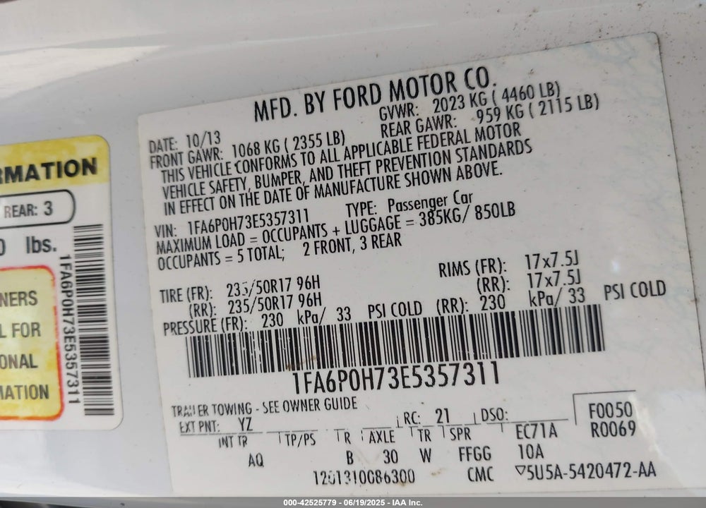 2014 FORD FUSION VIN: 1FA6P0H73E5357311