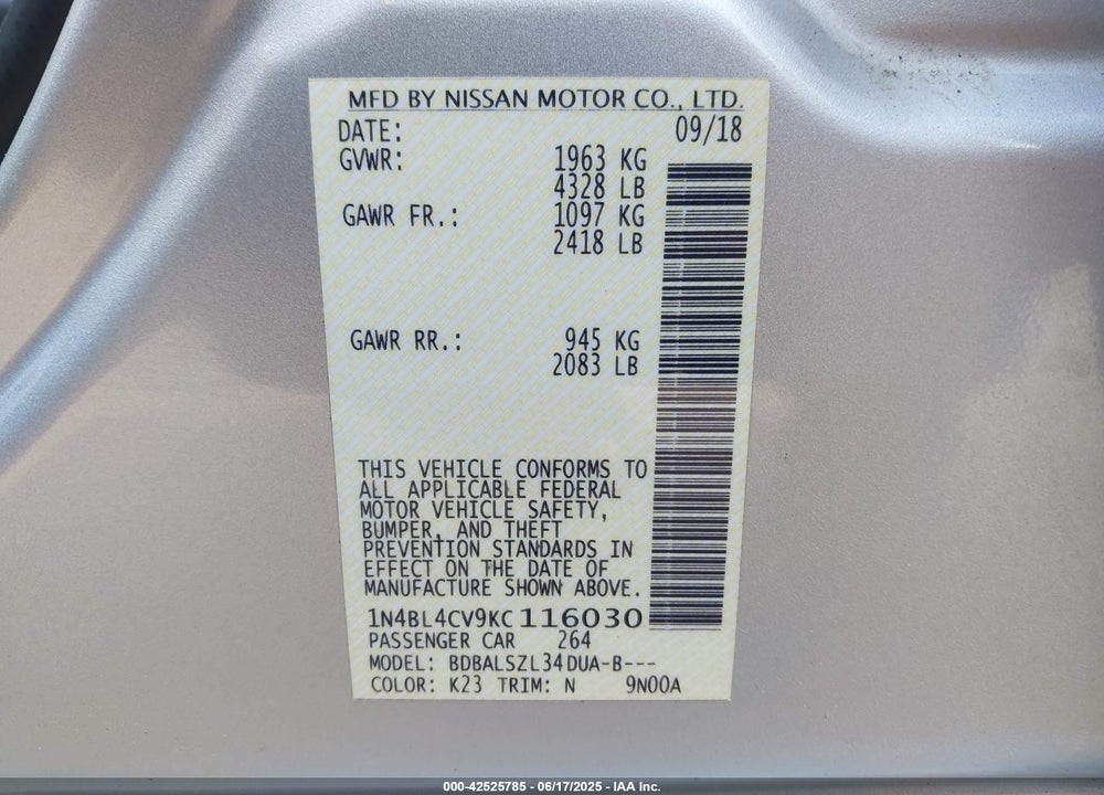 2019 NISSAN ALTIMA VIN: 1N4BL4CV9KC116030