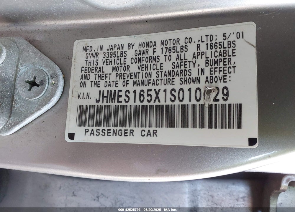 2001 HONDA CIVIC LX VIN: JHMES165X1S010029