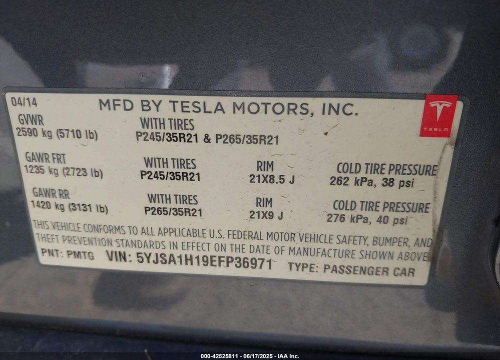 2014 TESLA MODEL S P85 VIN: 5YJSA1H19EFP36971