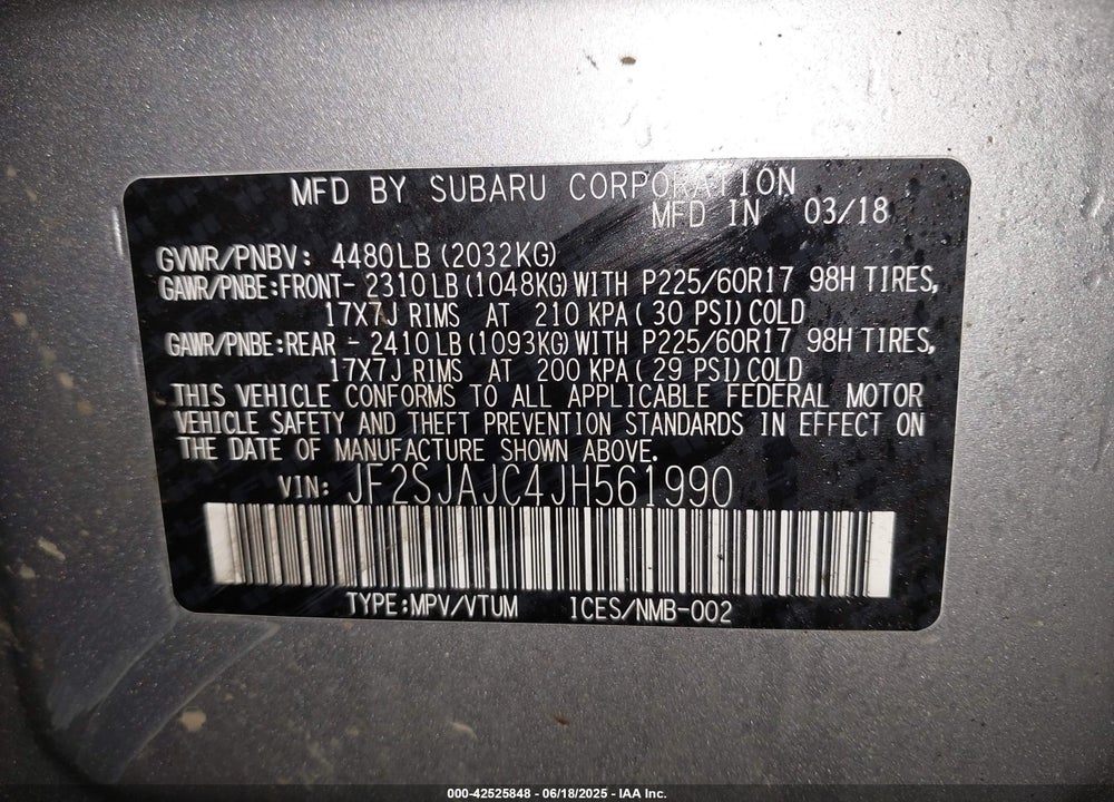 2018 SUBARU FORESTER VIN: JF2SJAJC4JH561990