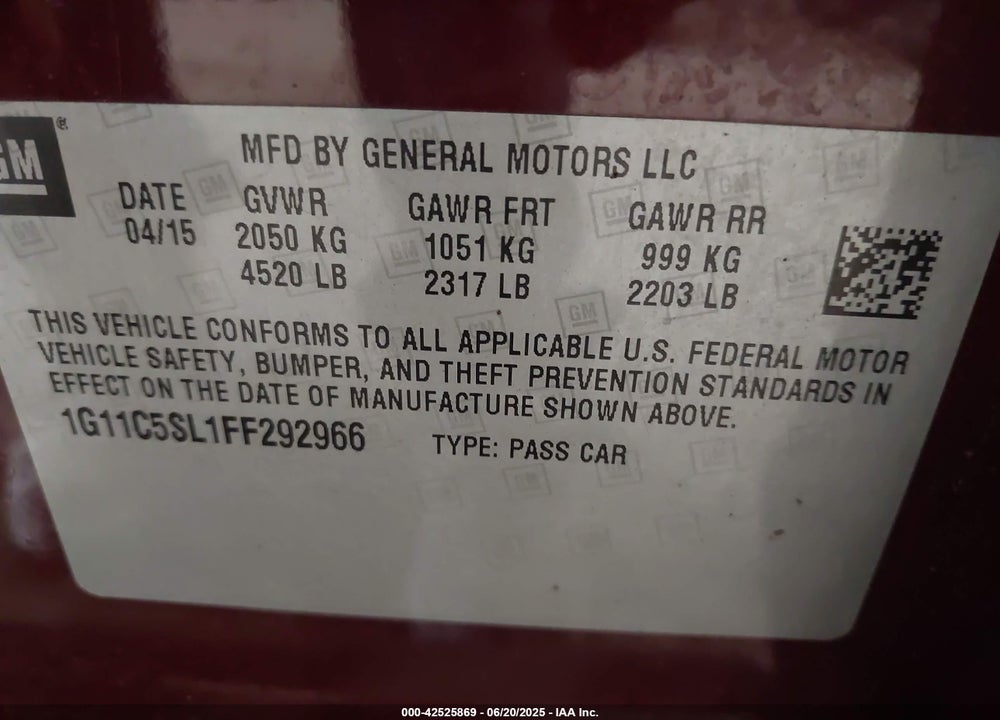 2015 CHEVROLET MALIBU 1LT VIN: 1G11C5SL1FF292966