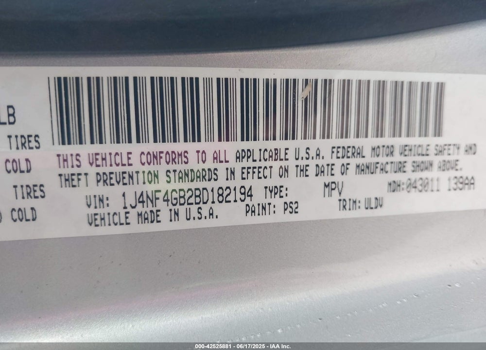 2011 JEEP PATRIOT LATITUDE X VIN: 1J4NF4GB2BD182194