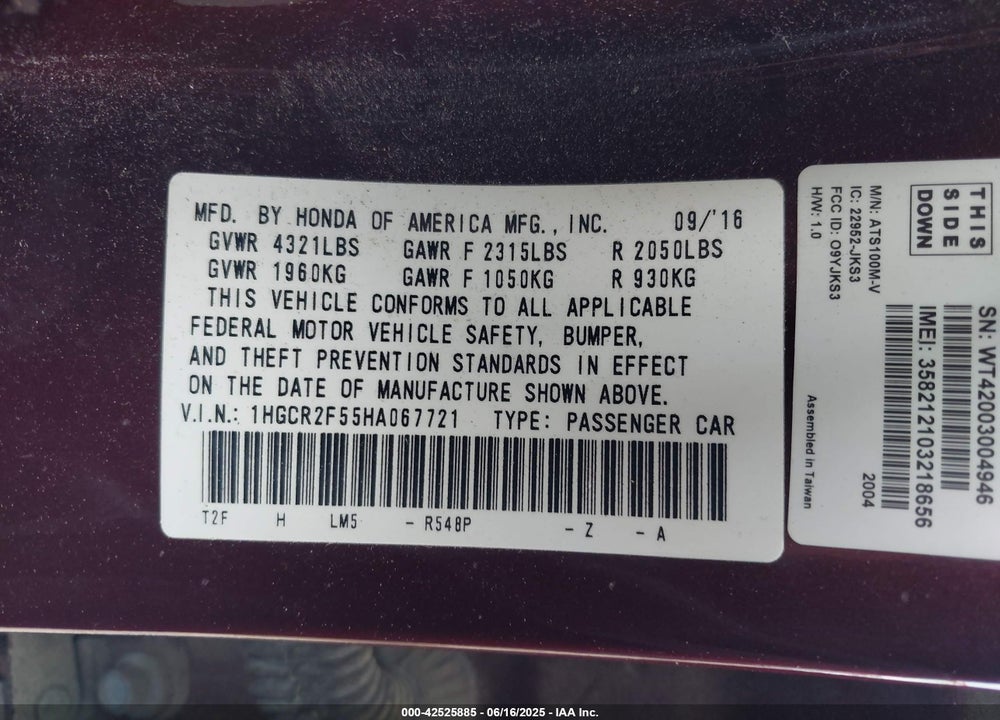2017 HONDA ACCORD VIN: 1HGCR2F55HA067721