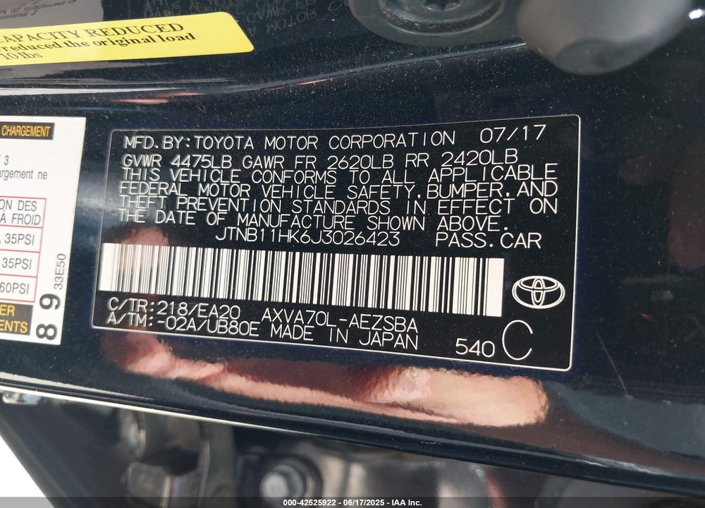 2018 TOYOTA CAMRY VIN: JTNB11HK6J3026423